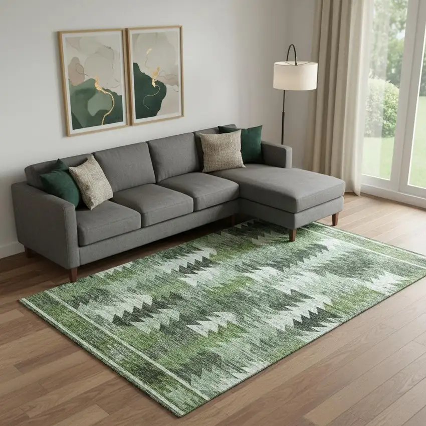 Olive Green Ivory And Gray Southwestern Washable Area Rug With UV Protection Photo 1