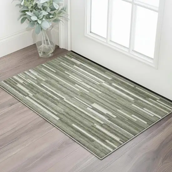 Olive Green Ivory And Gray Striped Washable Area Rug With UV Protection Photo 2