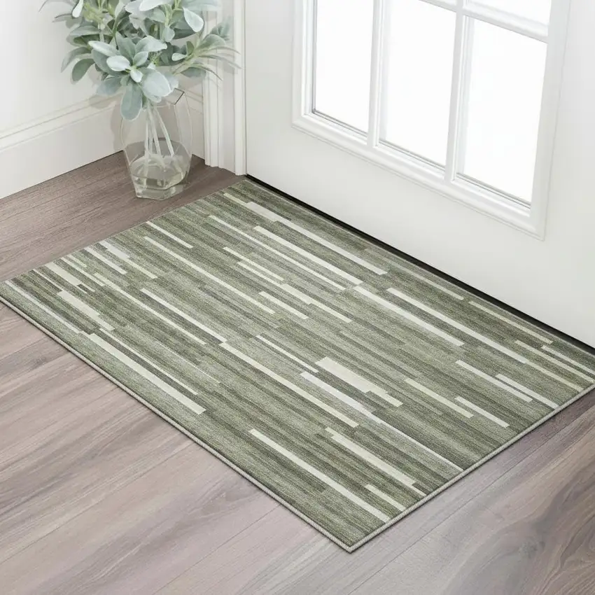 Olive Green Ivory And Gray Striped Washable Area Rug With UV Protection Photo 2