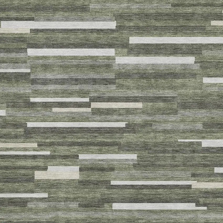Olive Green Ivory And Gray Striped Washable Area Rug With UV Protection Photo 4