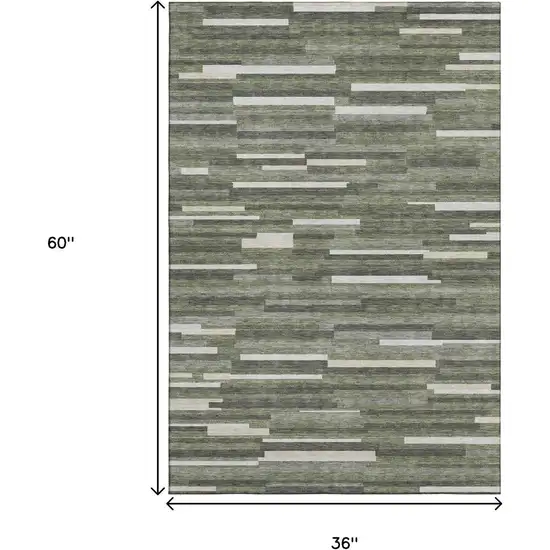 Olive Green Ivory And Gray Striped Washable Area Rug With UV Protection Photo 3