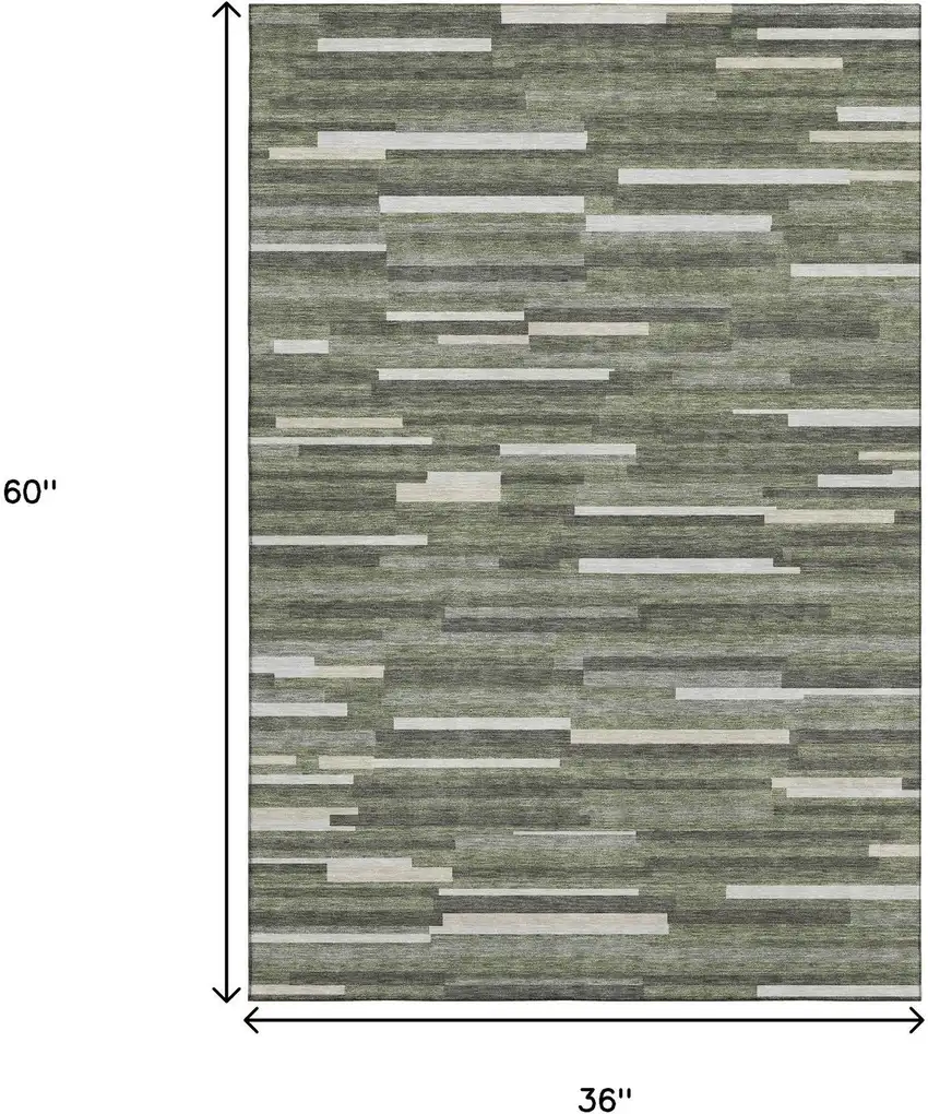 Olive Green Ivory And Gray Striped Washable Area Rug With UV Protection Photo 3