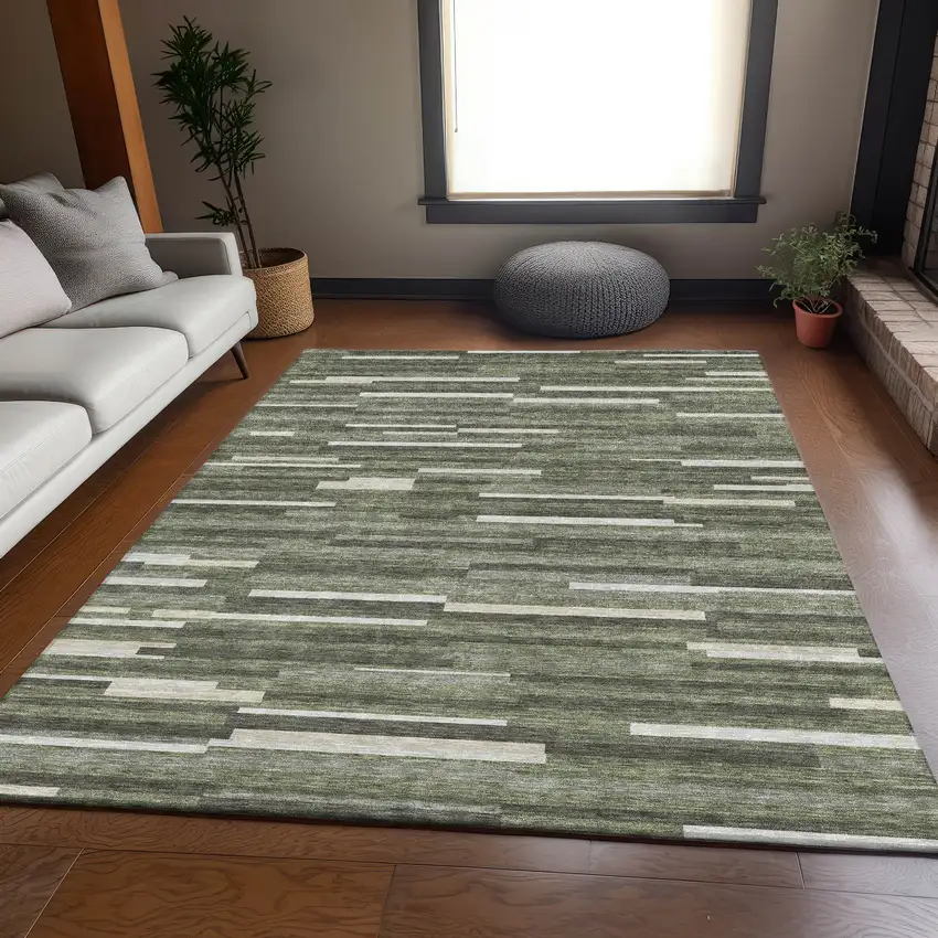 Olive Green Ivory And Gray Striped Washable Area Rug With UV Protection Photo 5