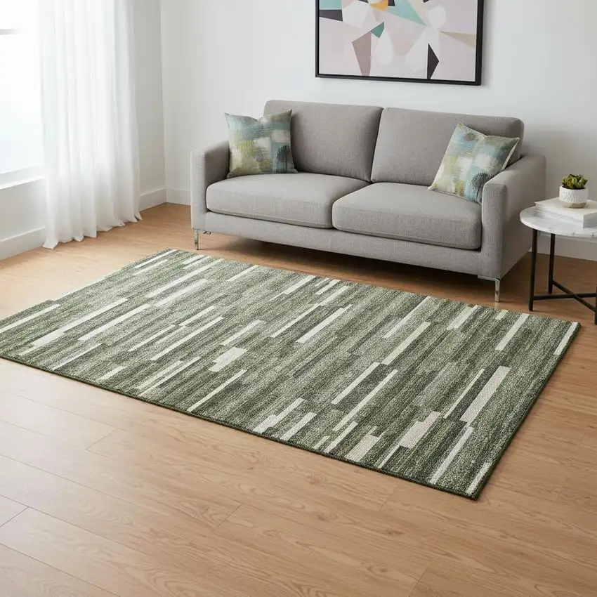Olive Green Ivory And Gray Striped Washable Area Rug With UV Protection Photo 2