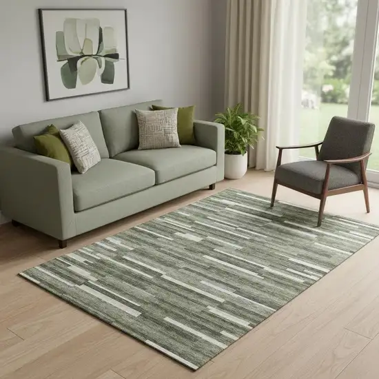Olive Green Ivory And Gray Striped Washable Area Rug With UV Protection Photo 1