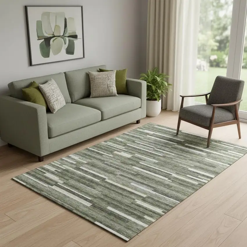 Olive Green Ivory And Gray Striped Washable Area Rug With UV Protection Photo 1