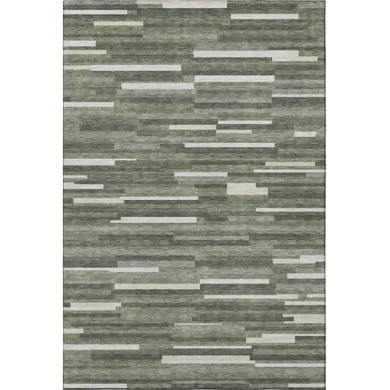 Olive Green Ivory And Gray Striped Washable Area Rug With UV Protection Photo 3