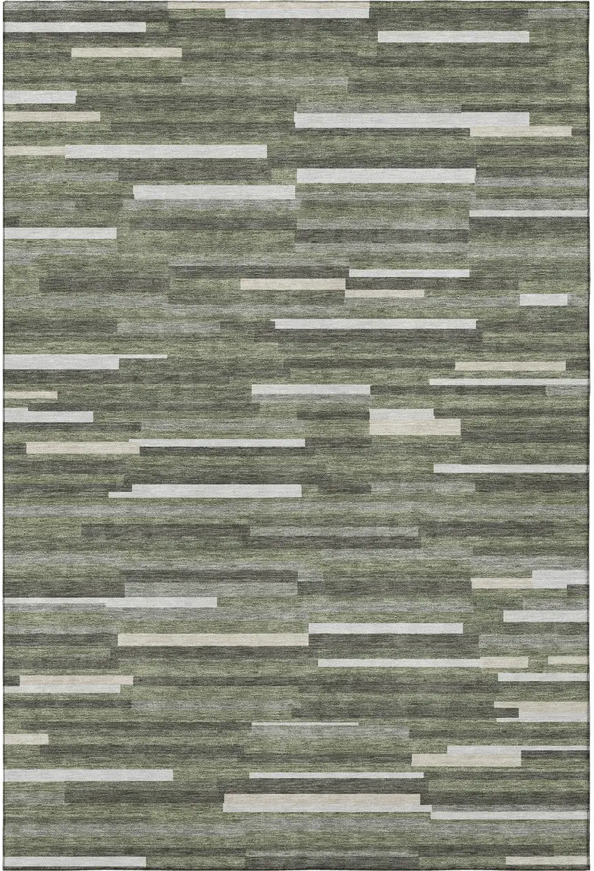 Olive Green Ivory And Gray Striped Washable Area Rug With UV Protection Photo 3
