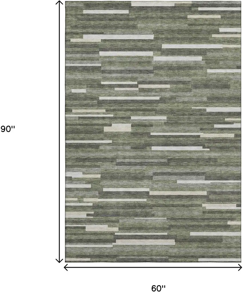 Olive Green Ivory And Gray Striped Washable Area Rug With UV Protection Photo 9