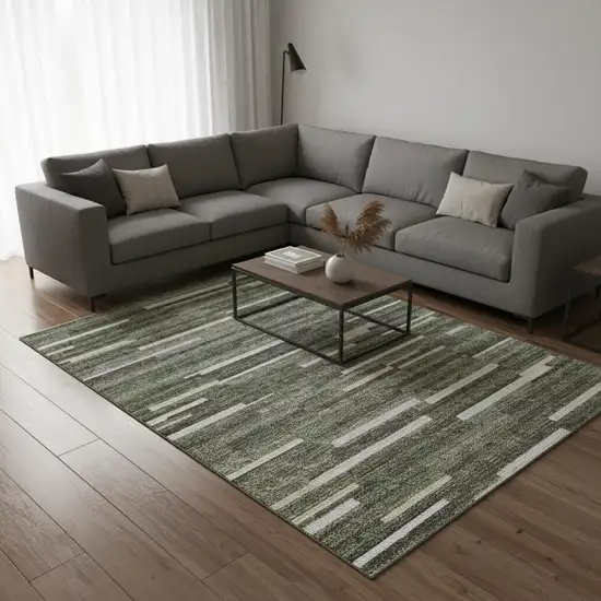 Olive Green Ivory And Gray Striped Washable Area Rug With UV Protection Photo 2