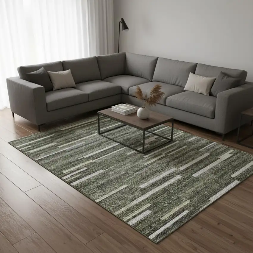 Olive Green Ivory And Gray Striped Washable Area Rug With UV Protection Photo 2