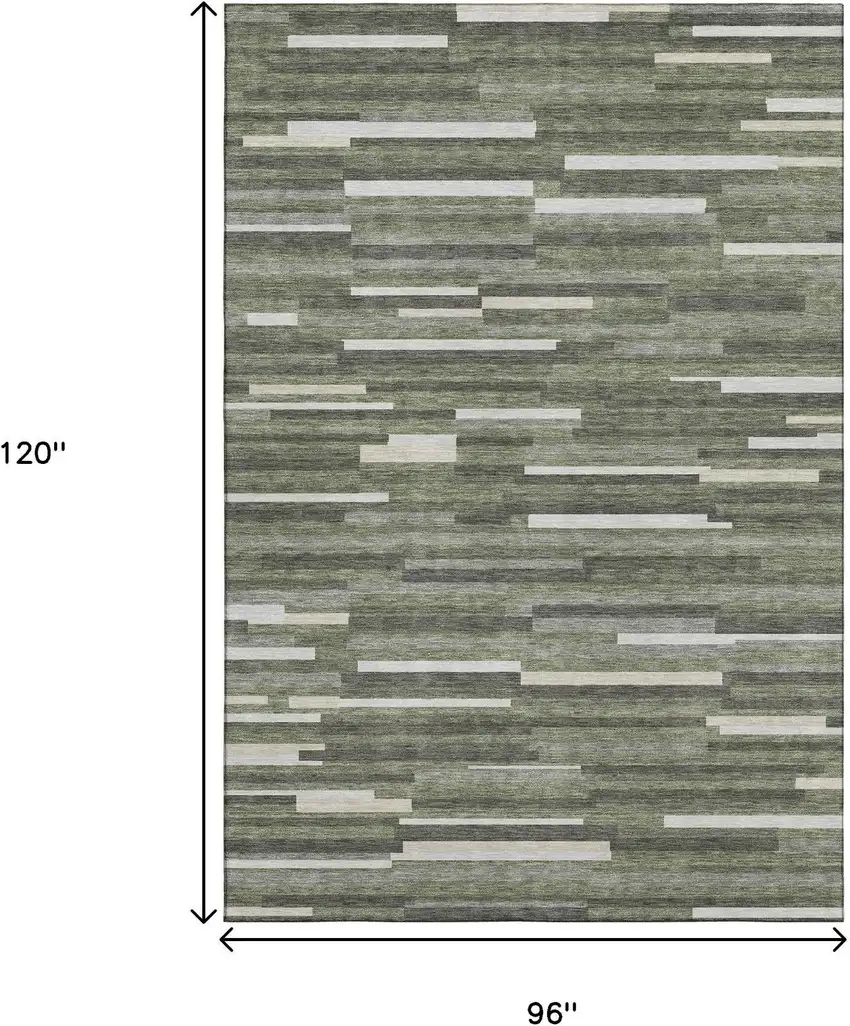 Olive Green Ivory And Gray Striped Washable Area Rug With UV Protection Photo 9