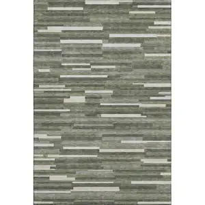 Photo of Olive Green Ivory And Gray Striped Washable Area Rug With UV Protection