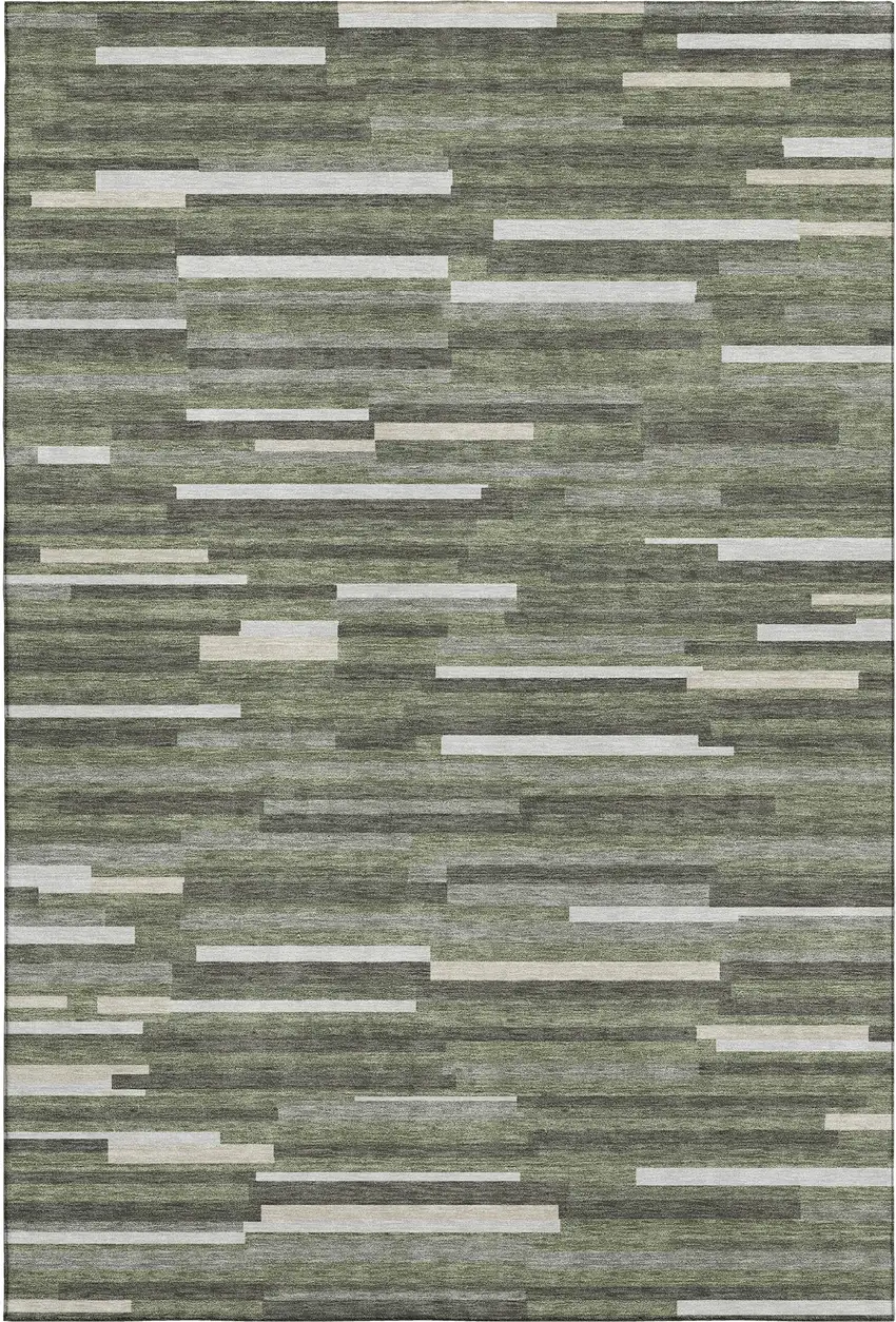 Olive Green Ivory And Gray Striped Washable Area Rug With UV Protection Photo 1