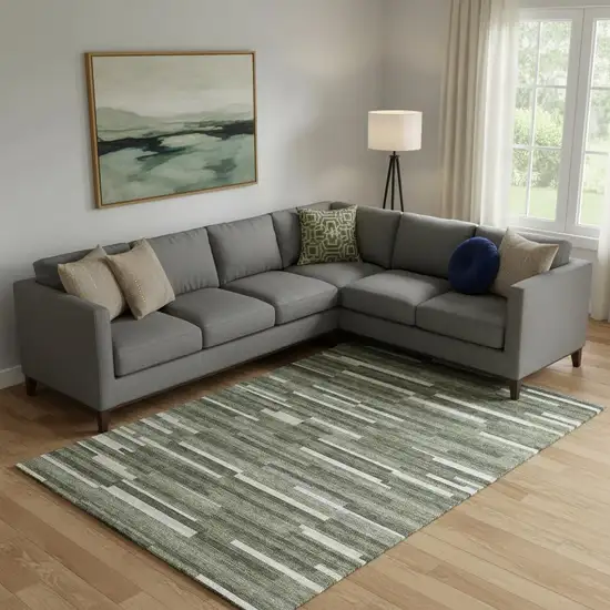 Olive Green Ivory And Gray Striped Washable Area Rug With UV Protection Photo 1