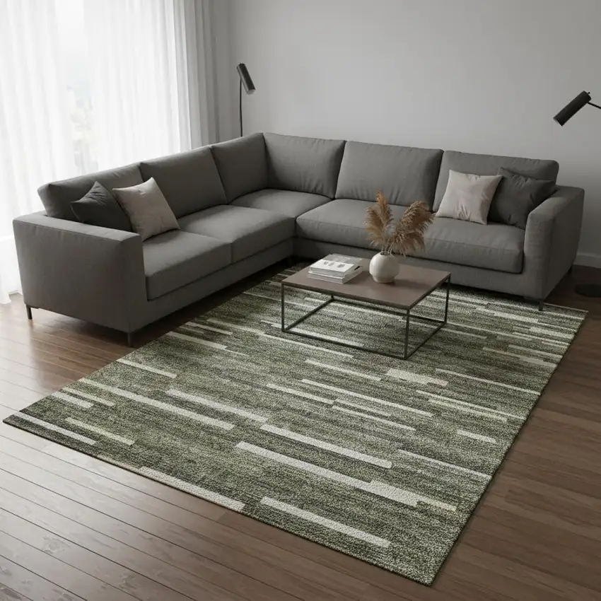 Olive Green Ivory And Gray Striped Washable Area Rug With UV Protection Photo 2