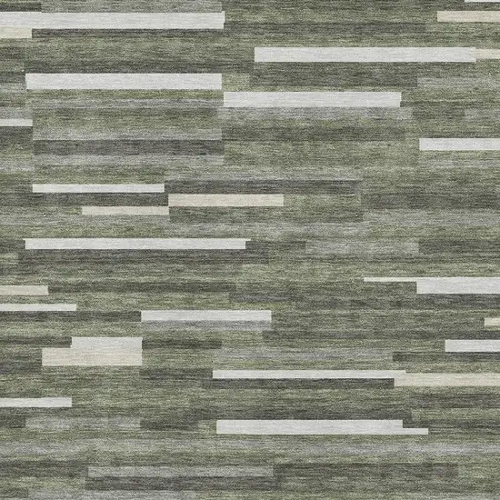 Olive Green Ivory And Gray Striped Washable Area Rug With UV Protection Photo 3