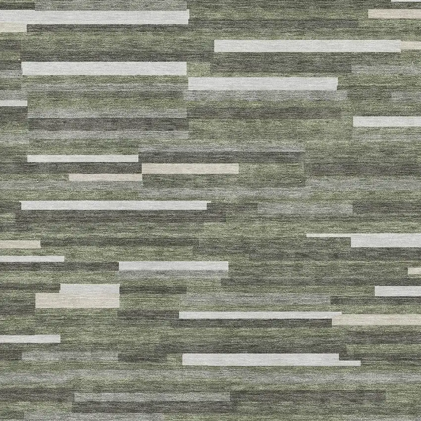 Olive Green Ivory And Gray Striped Washable Area Rug With UV Protection Photo 3
