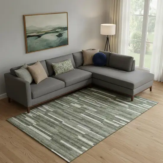 Olive Green Ivory And Gray Striped Washable Area Rug With UV Protection Photo 1