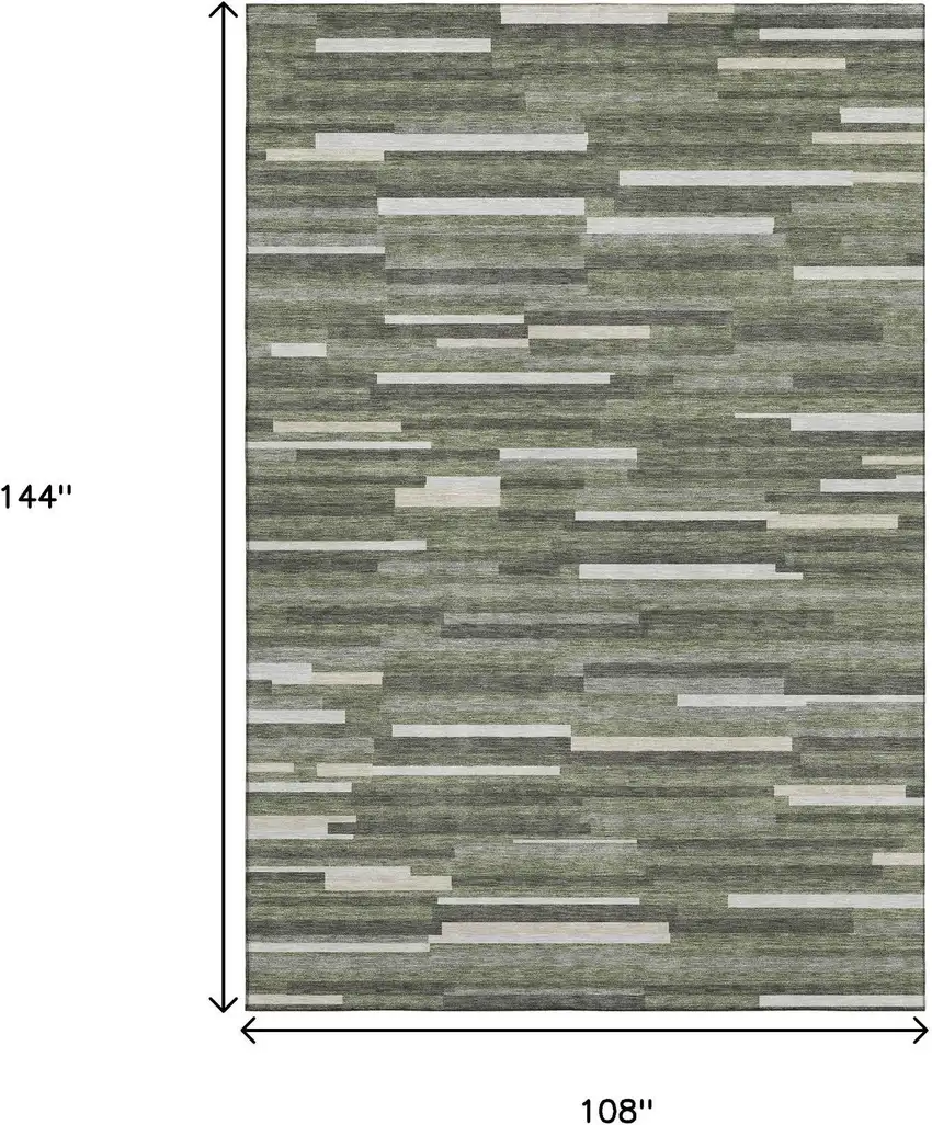 Olive Green Ivory And Gray Striped Washable Area Rug With UV Protection Photo 9