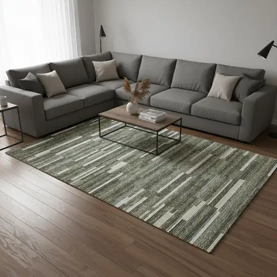 Olive Green Ivory And Gray Striped Washable Area Rug With UV Protection Photo 2