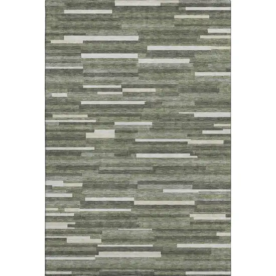 Olive Green Ivory And Gray Striped Washable Area Rug With UV Protection Photo 1