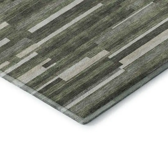 Olive Green Ivory And Gray Striped Washable Area Rug With UV Protection Photo 8