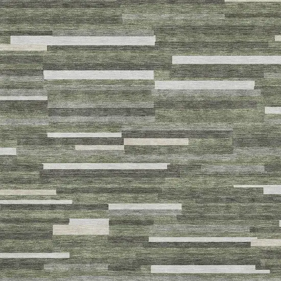 Olive Green Ivory And Gray Striped Washable Area Rug With UV Protection Photo 3