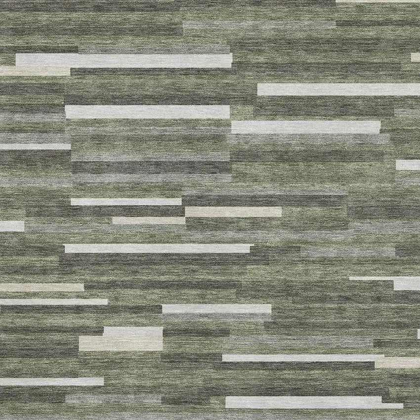Olive Green Ivory And Gray Striped Washable Area Rug With UV Protection Photo 3