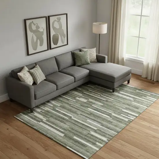 Olive Green Ivory And Gray Striped Washable Area Rug With UV Protection Photo 1
