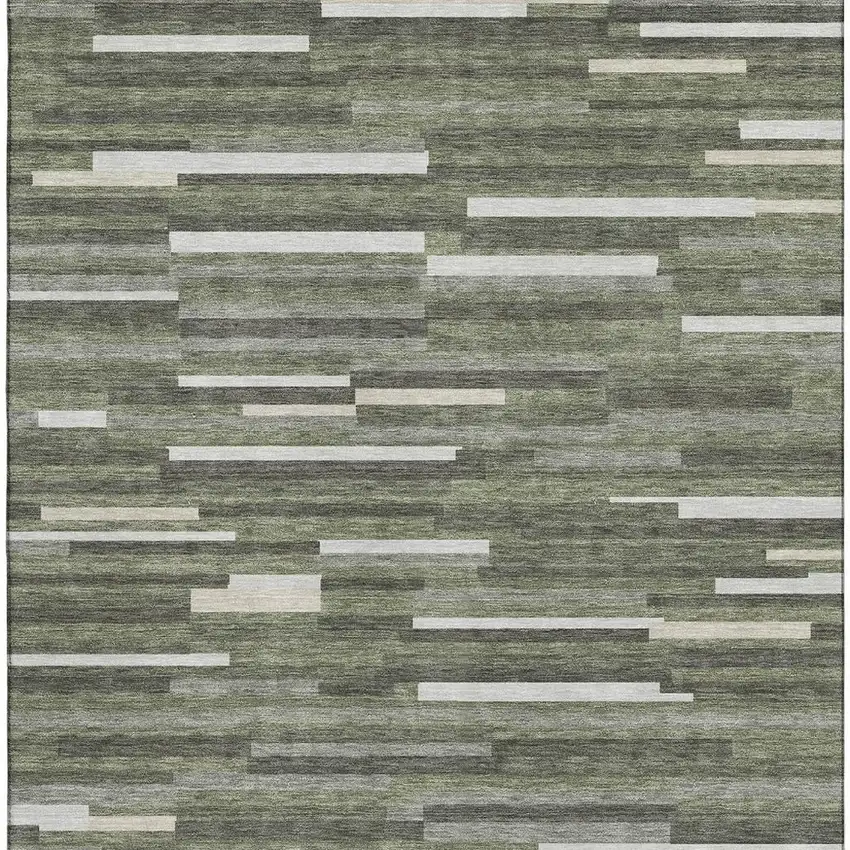 Olive Green Ivory And Gray Striped Washable Area Rug With UV Protection Photo 4