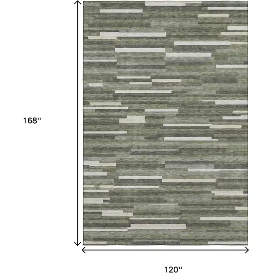 Olive Green Ivory And Gray Striped Washable Area Rug With UV Protection Photo 9