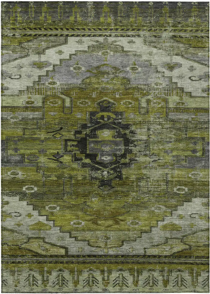 Olive Green Ivory And Gray Tribal Washable Indoor Outdoor Area Rug Photo 1