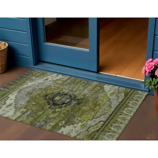 Olive Green Ivory And Gray Tribal Washable Indoor Outdoor Area Rug Photo 2