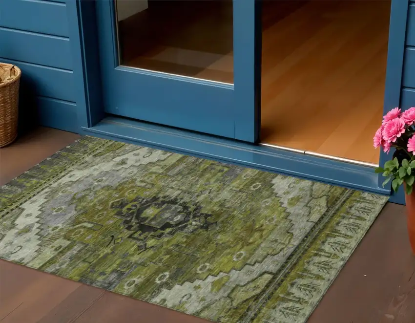 Olive Green Ivory And Gray Tribal Washable Indoor Outdoor Area Rug Photo 2