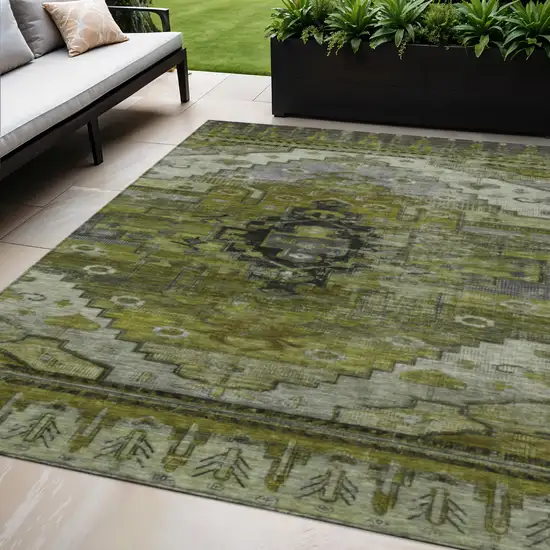 Olive Green Ivory And Gray Tribal Washable Indoor Outdoor Area Rug Photo 2