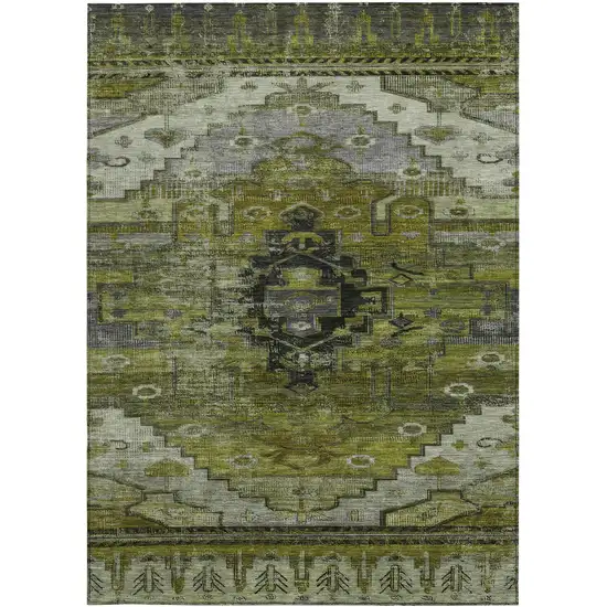 Olive Green Ivory And Gray Tribal Washable Indoor Outdoor Area Rug Photo 3