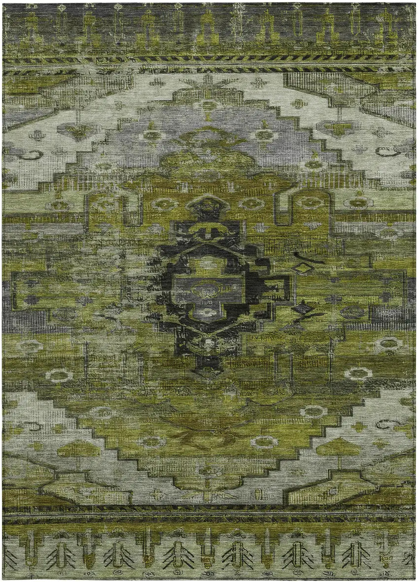 Olive Green Ivory And Gray Tribal Washable Indoor Outdoor Area Rug Photo 3