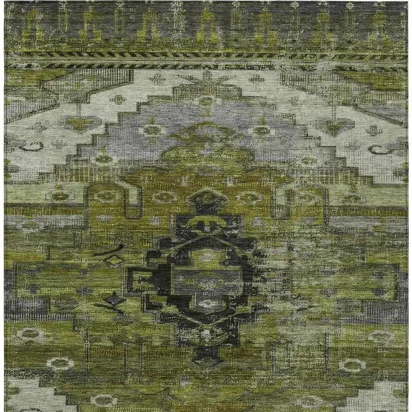 Olive Green Ivory And Gray Tribal Washable Indoor Outdoor Area Rug Photo 4