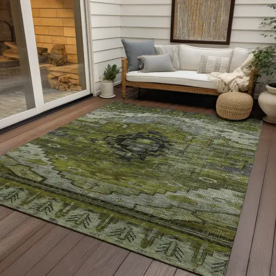 Olive Green Ivory And Gray Tribal Washable Indoor Outdoor Area Rug Photo 6