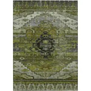 Photo of Olive Green Ivory And Gray Tribal Washable Indoor Outdoor Area Rug