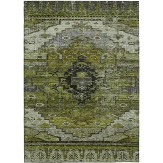 Olive Green Ivory And Gray Tribal Washable Indoor Outdoor Area Rug Photo 1