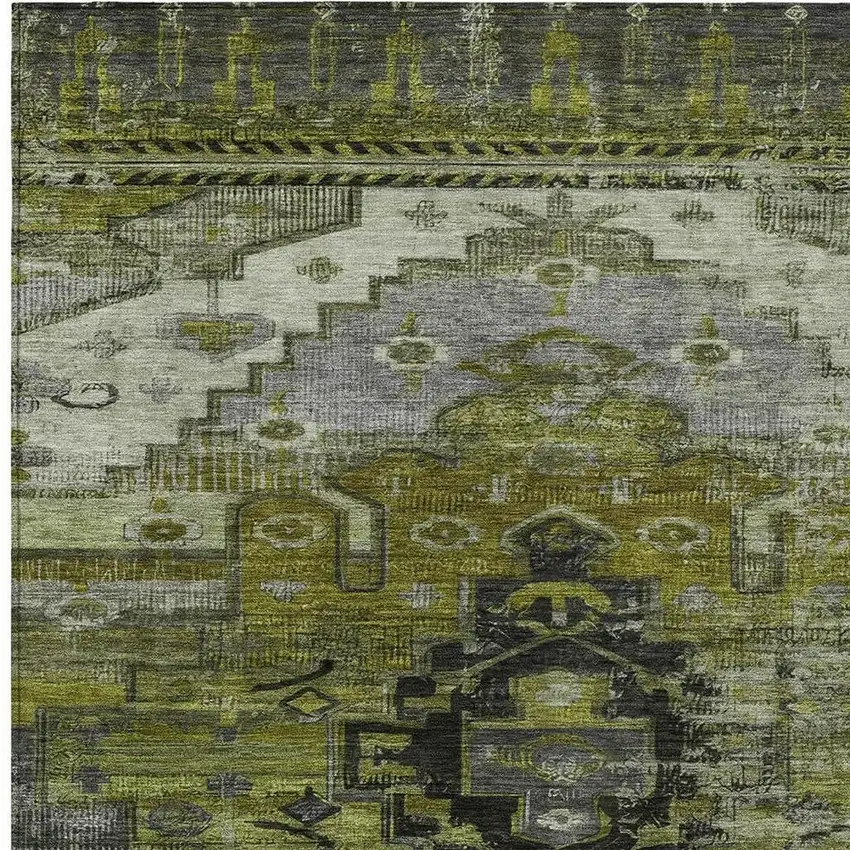 Olive Green Ivory And Gray Tribal Washable Indoor Outdoor Area Rug Photo 3