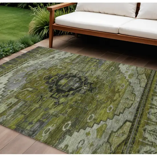 Olive Green Ivory And Gray Tribal Washable Indoor Outdoor Area Rug Photo 2