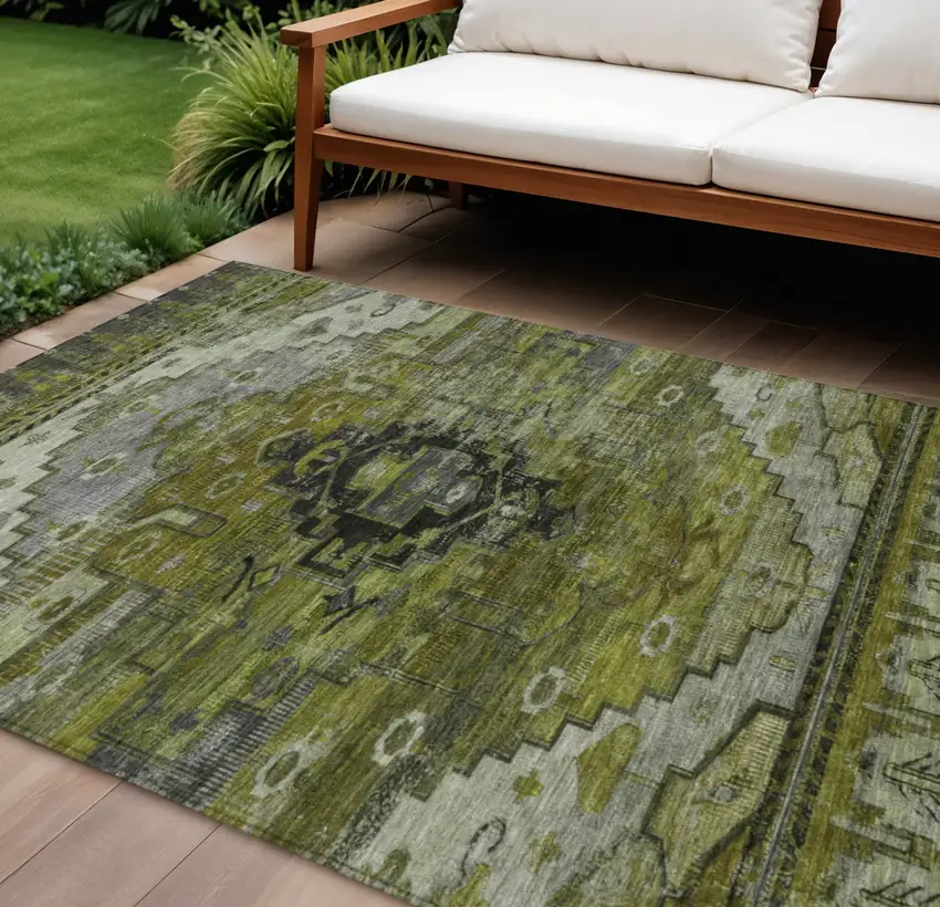 Olive Green Ivory And Gray Tribal Washable Indoor Outdoor Area Rug Photo 2
