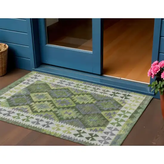 Olive Green Ivory And Gray Tribal Washable Indoor Outdoor Area Rug Photo 2