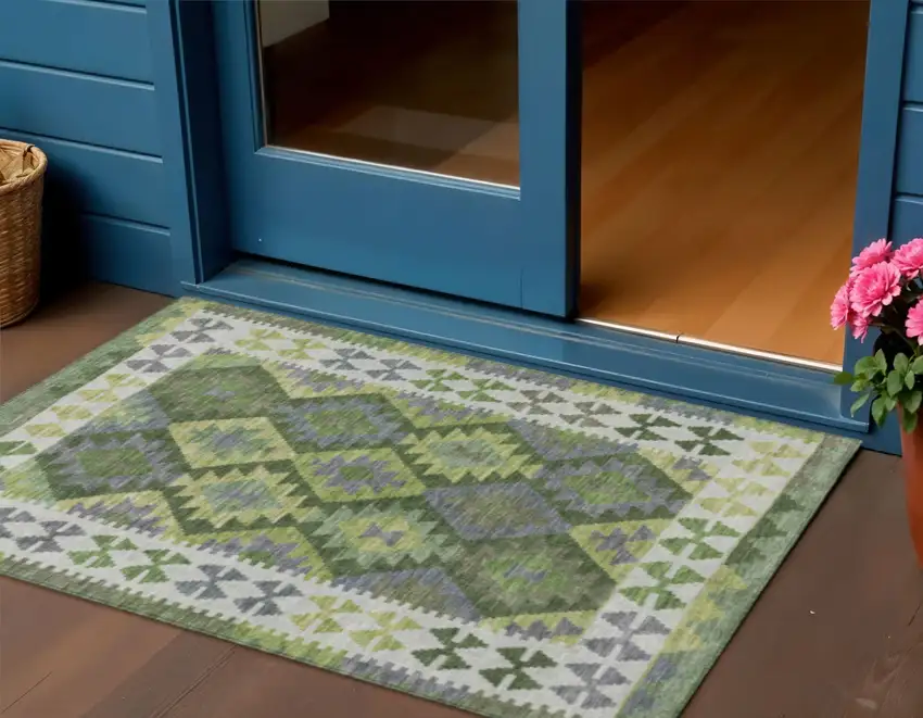 Olive Green Ivory And Gray Tribal Washable Indoor Outdoor Area Rug Photo 2