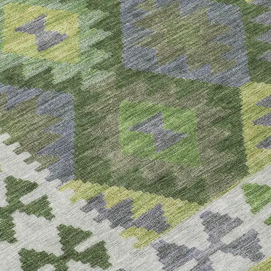 Olive Green Ivory And Gray Tribal Washable Indoor Outdoor Area Rug Photo 9