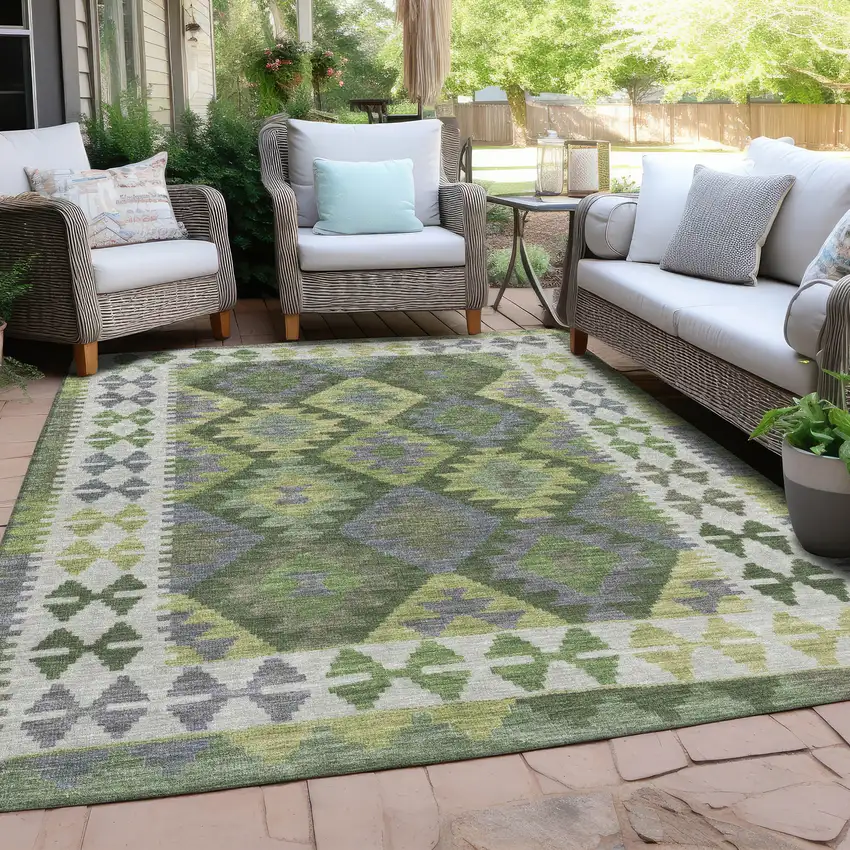 Olive Green Ivory And Gray Tribal Washable Indoor Outdoor Area Rug Photo 5