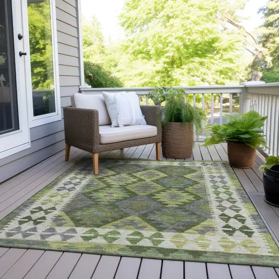 Olive Green Ivory And Gray Tribal Washable Indoor Outdoor Area Rug Photo 8